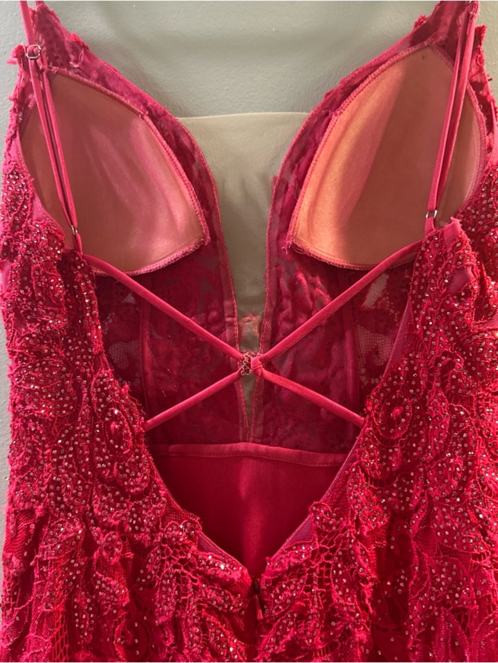 Clarisse Red Lace Beaded Spaghetti Strap Prom Gown - Picture 4 of 7